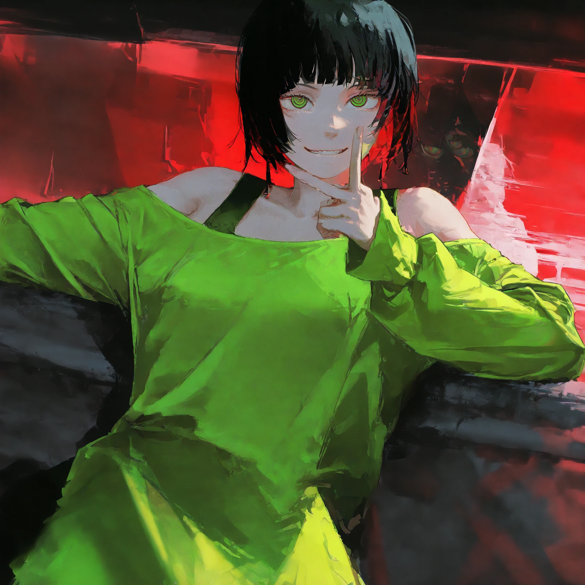 8k, masterpiece, cinematic lighting, manga style, well-defined lines, Tatsuki Fujimoto style, Chainsaw Man style, 1girl, 18 years old, bright green eyes, ringed eyes, highlighted eyes, black hair, blunt cut, bangs, sadistic little smile, shark teeth, green clothes, stylish clothes, exposed shoulders, long sleeves, beautiful but scary, showing the middle finger, posing, from the waist up, dynamic angle