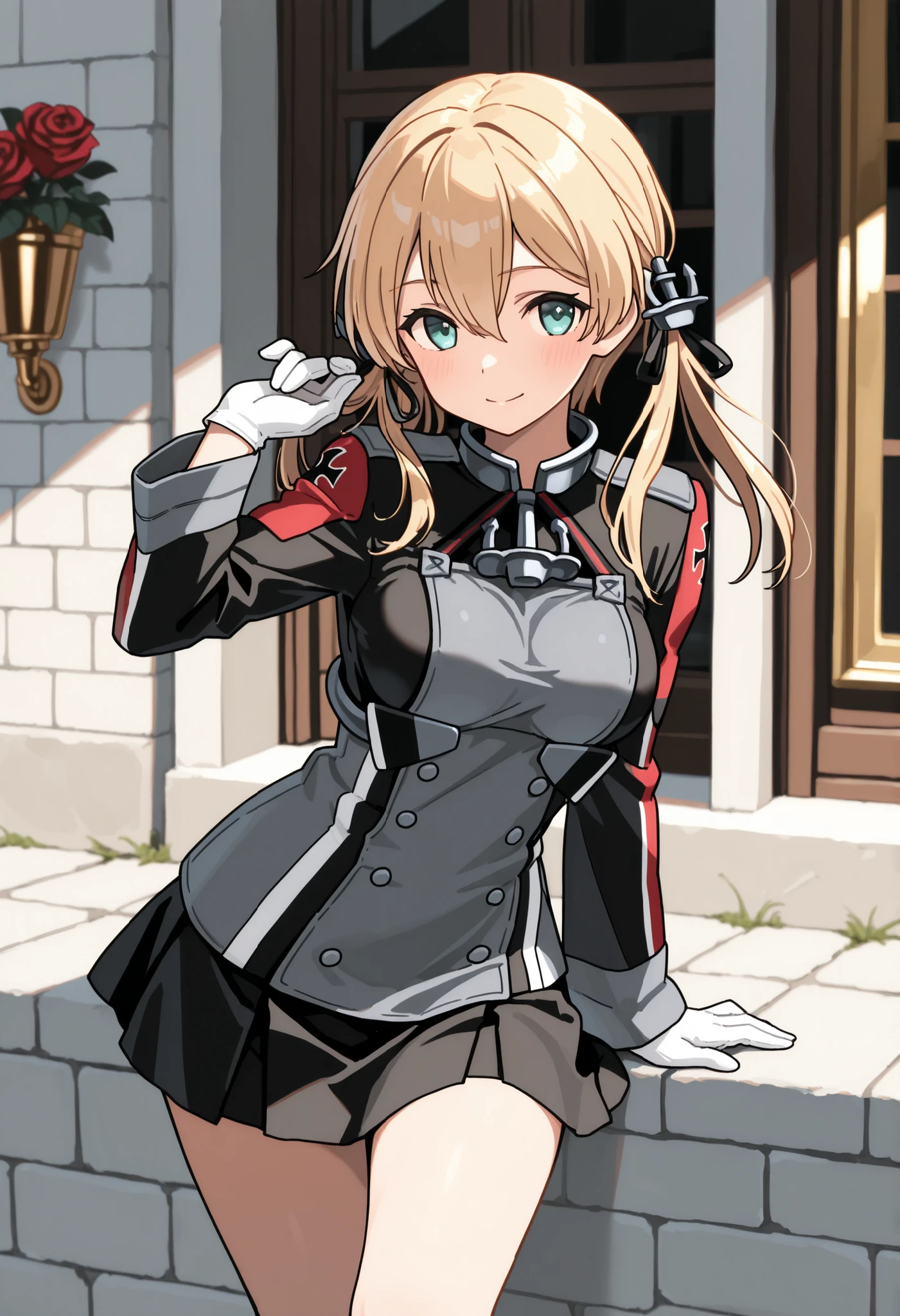 Prinz Eugen (from Kantai Collection), masterpiece, Best Quality, 32K, high resolution, abussard dress, Prince Eugene (KanColle), rose twintail, ANCHOR HAIR ORNAMENT WITH GOLD DECORATION, long sleeve, military villages with, military uniform, gloves, iron cross, skirt, knee-high, white gloves, cross, villages with