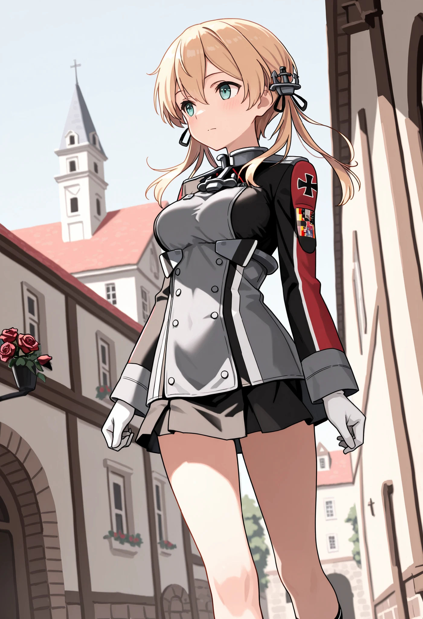 Prinz Eugen (from Kantai Collection), masterpiece, Best Quality, 32K, high resolution, abussard dress, Prince Eugene (KanColle), rose twintail, ANCHOR HAIR ORNAMENT WITH GOLD DECORATION, long sleeve, military villages with, military uniform, gloves, iron cross, skirt, knee-high, white gloves, cross, villages with