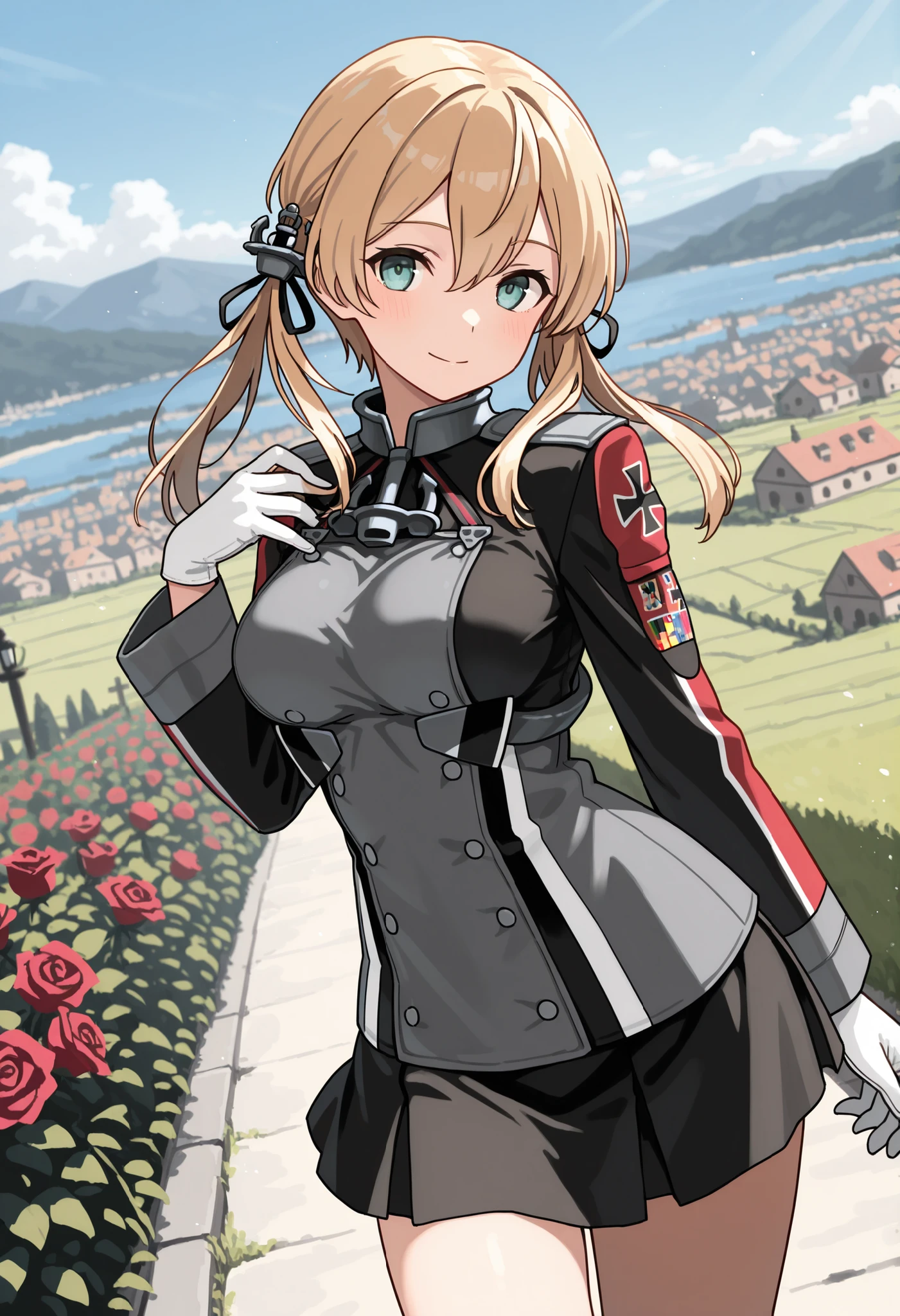 Prinz Eugen (from Kantai Collection), masterpiece, Best Quality, 32K, high resolution, abussard dress, Prince Eugene (KanColle), rose twintail, ANCHOR HAIR ORNAMENT WITH GOLD DECORATION, long sleeve, military villages with, military uniform, gloves, iron cross, skirt, knee-high, white gloves, cross, villages with