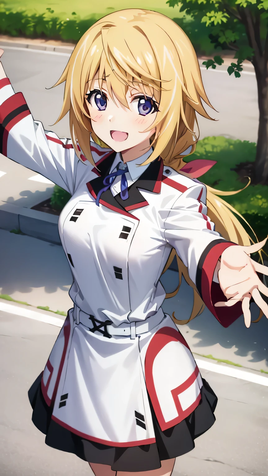 {{{masterpiece}}}, (best quality:1.5), (ultra-detailed:1.5), {illustration}, {{an extremely delicate and beautiful}}, (beautiful detailed eyes:1.6), absurdres, highres, extremely detailed face, 16k, hd, visual anime de uma jovem mulher, extremamente bonito rosto de anime, anime melhor garota, (perfect hands, perfect anatomy), anime face, sd1, charlotte dunois(Infinite Stratos), 1girl, solo, cute face, long hair, blonde hair, pink hair ribbon, hair between eyes, (purple eyes:1.2), ponytail, yellow pendant, medium breasts, big hips, curvaceous, BREAK, {school uniform}, military uniform, (white military uniform:1.5), long sleeves, (white sleeves:1.5), blue neck ribbon, white belt, microskirt, white skirt, barefoot, BREAK, 1girl, solo, smile, open mouth, beautiful anime girl, beautiful art style, close up of breasts, Looking at Viewer, perfect body, outdoor, sky, daytime, public park, sun, (bust shot:1.3), from above, looking at viewer, dance, rotate, fluttering clothes, outstretched arms, Cherry tree, ruanyi0007