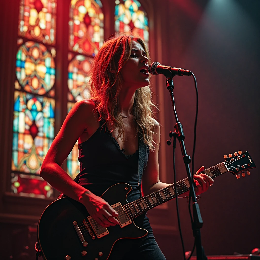  beautiful female rock vocalist ,full body,Brilliant Light, outpouring sweat,black tank top,full body,singing,A giant stained glass in the background ,The spotlight is on women,Holding the microphone with both hands and singing enthusiastically,I'm not playing the guitar,profile, Sweat Is Scattering ,long hair fluttering in the wind,