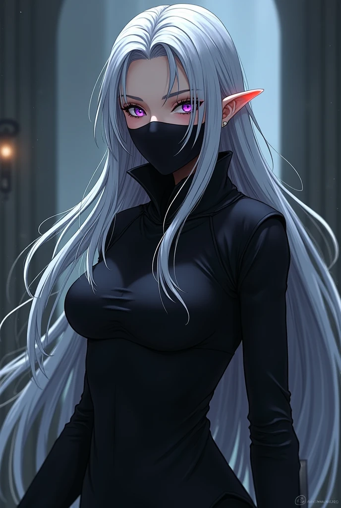 1girl, medium-small breasts, standing, (emotionless:1.6), thin eyebrows, (hair over one eye:1.6), (straight hair:1.6), silver hair, (long hair:1.2), (pointy ears), ((black tactical bodysuit)), black pants, (black blindfolds:1.8), harness, (((cowboy shot))), ((close up)), (masterpiece:1.1),