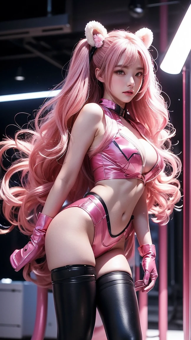 anime girl in shiny pink latex tube dress posing for camera, showing lots of skin, seductive anime girl, beautiful woman, excited and blushing, detailed face, (nurse hat), long pink hair, looking down at camera, 8k, very detailed, (visible string thong), cleavage, (long pink latex gloves), pink latex stockings, garters, strip club background, dark, spotlight on girl, on stage, upskirt camera shot, (hands behind head, armpits exposed, one leg up, visible thong), collar, open chest, tits prominent, bellybutton, high heels, giant , exposed hips