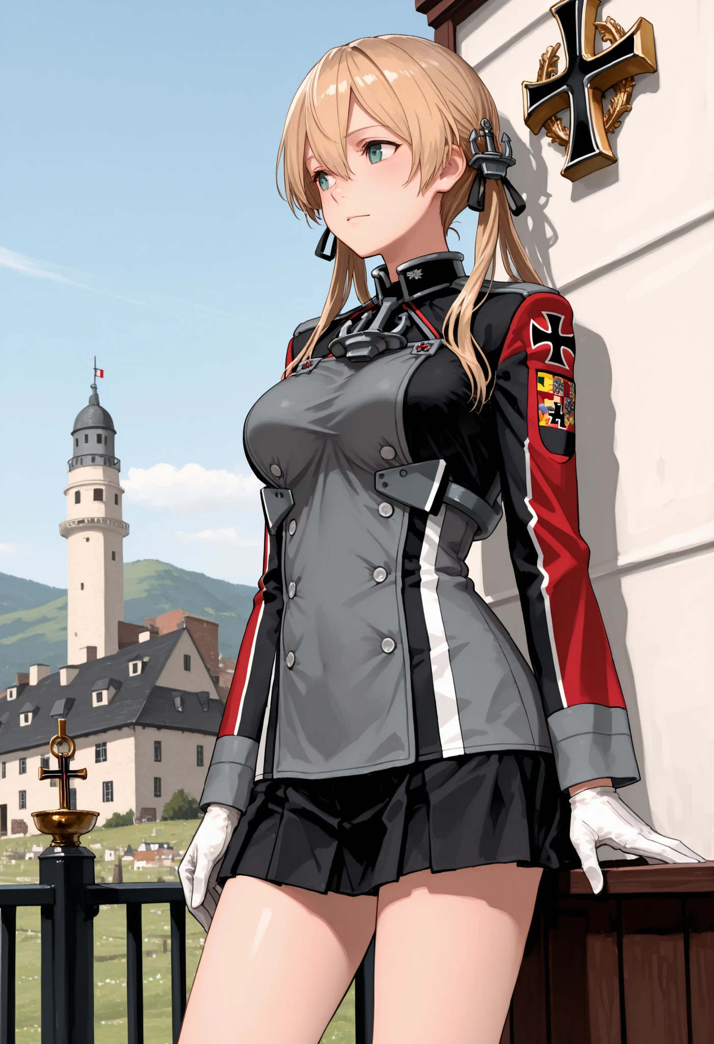 Prinz Eugen (from Kantai Collection), masterpiece, Best Quality, 32K, high resolution, abussard dress, Prince Eugene (KanColle), rose twintail, ANCHOR HAIR ORNAMENT WITH GOLD DECORATION, long sleeve, military villages with, military uniform, gloves, iron cross, skirt, knee-high, white gloves, cross, villages with
