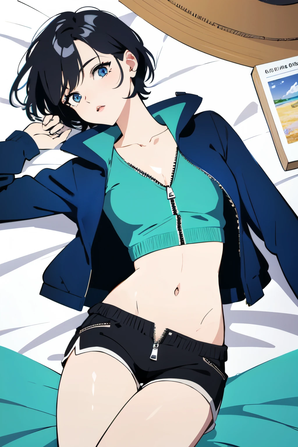 (masterpiece, highest quality), Bedroom, 1 girl, , , ,anatomically correct body, flat chest, (sweater), ((shorts with zipper removed)), (open fly), (kids panties), in a colorful Bedroom, lying on the bed, From above, morning, dazzling sunlight, white, bright colors, watercolor、short cut hair、a lot of sweat