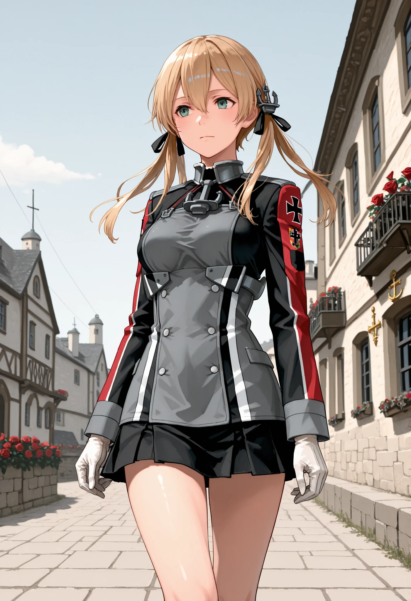 Prinz Eugen (from Kantai Collection), masterpiece, Best Quality, 32K, high resolution, abussard dress, Prince Eugene (KanColle), rose twintail, ANCHOR HAIR ORNAMENT WITH GOLD DECORATION, long sleeve, military villages with, military uniform, gloves, iron cross, skirt, knee-high, white gloves, cross, villages with