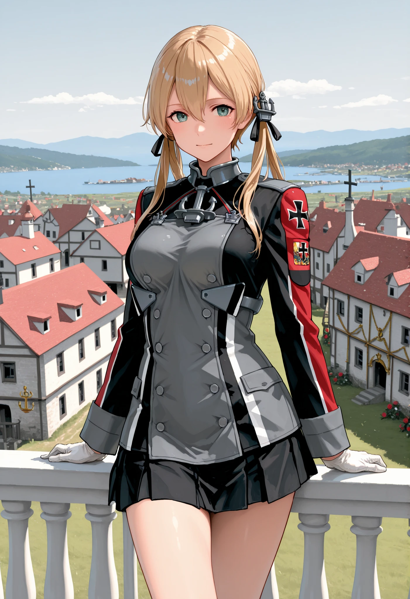 Prinz Eugen (from Kantai Collection), masterpiece, Best Quality, 32K, high resolution, abussard dress, Prince Eugene (KanColle), rose twintail, ANCHOR HAIR ORNAMENT WITH GOLD DECORATION, long sleeve, military villages with, military uniform, gloves, iron cross, skirt, knee-high, white gloves, cross, villages with