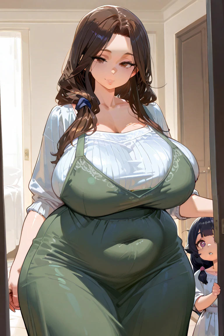 masterpiece, highest quality, High resolution, st1, Green Sweater, Braiding, hair ornaments, Black Skirt, (Big Breasts:1.5), Long skirt, , Cowboy Shot, Are standing,Pregnant women