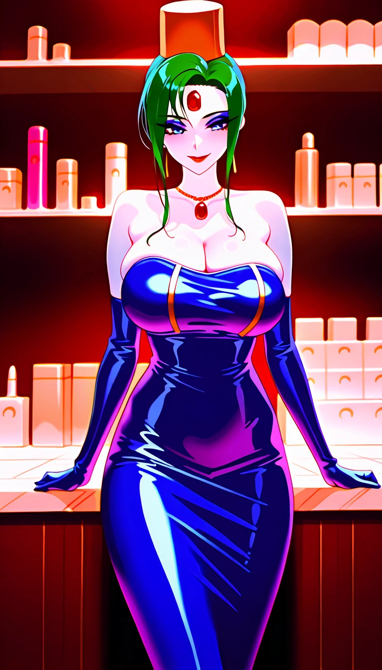 female with green fringe style bob haircut, red sequin sparkly dress, wearing long purple gloves, wearing pearl necklaces, dominant pose, seductive smile, alone, solo, alone, (SOLO)(ALONE)