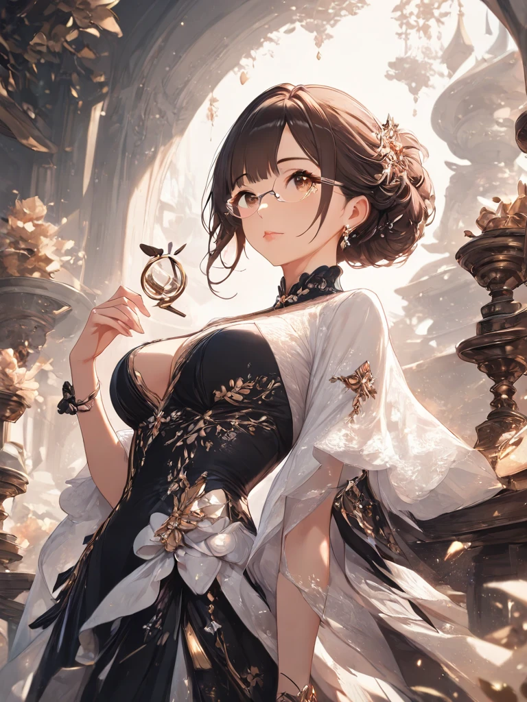 absurdres, RAW photo, extremely delicate and beautiful, masterpiece, Best Quality, ultra high resolution, 32k, hyperrealistic, ultra-detailed, delicate facial features, beautiful detailed woman, tearful mole, earring, medium breasts, full body shot, medium hair, black hair, Hanfu,