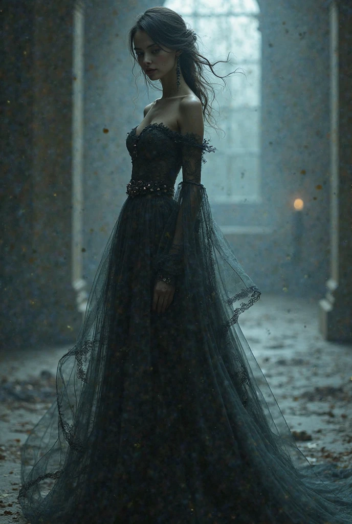 Female
Wearing a Tall black off the shoulder layery dress
Brown hair reaching above shoulders with curtain bangs and covering eye sockets
Eyes covered by a ribbon
She has Pale white skin
With a Skinny hourglassish build with emotioless features
Is dancing elegantly in a bloody black desert with heavy rain and thunder in the back
Destined to be killed by a lover again