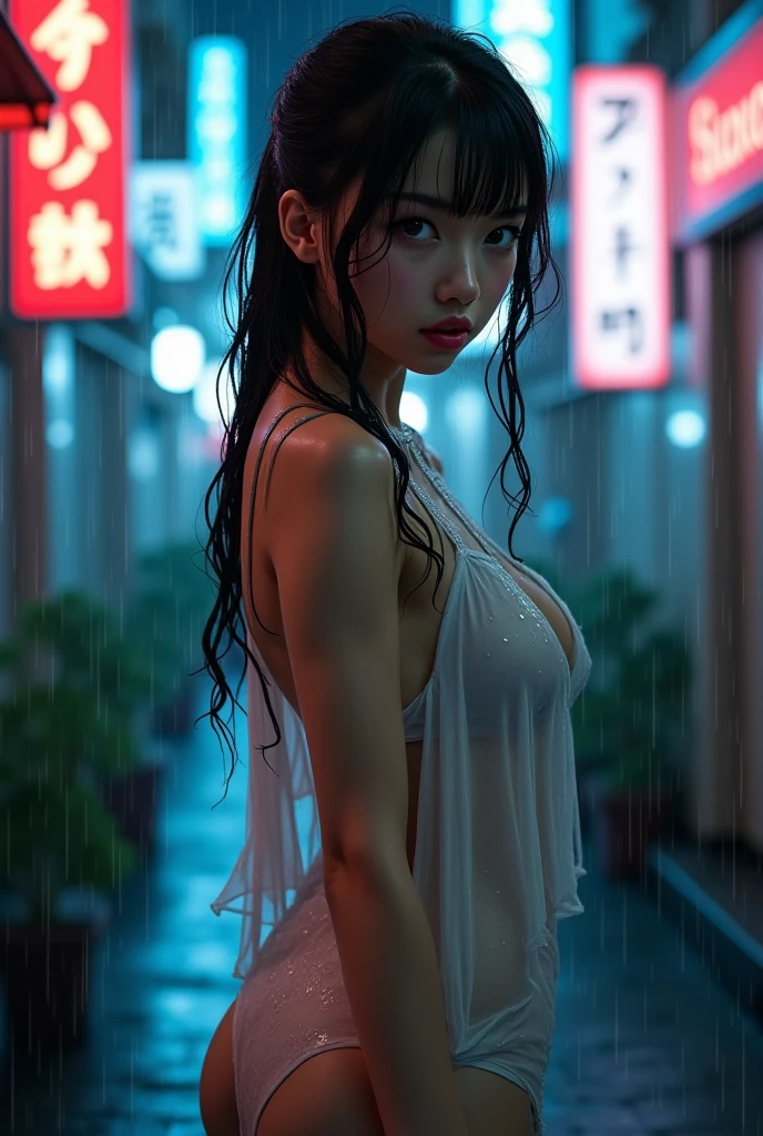 (Anatomically correct body structure)、A very beautiful courtesan with oriental features、Wearing a sailor suit、Squat with your legs wide apart、Raise your hands to show your armpits、Smiling Kindly、Low angle shot、Beautifully detailed and wet sailor suit texture、Beautifully detailed wet bodies, faces and silver hair、Ideal body type、Big Breasts、Tight waist、Detailed navel、Beautifully detailed thighs、Beautifully detailed eyes、Beautifully detailed mouth、Long eyelashes、Facial features are detailed、Short skirt、Cyberpunk City Night、rain、Erotic tones、Erotic Professional Lighting、Motion Blur Effect、 photorealistic, 8k, highly detailed, masterpiece