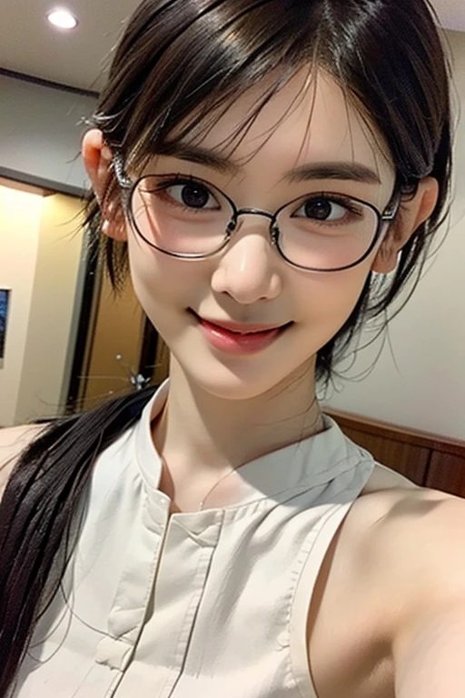 Best-quality, Masterpiece, Ultra-High-Resolution, (Photorealistic:1.4), Raw-Photo, 1lady, 25-years-old, (((blushed face, extremely cute face, extremely beautiful big-eyes))), ((close-up of face)), ((opening mouth)), ((Business suits)), (innocent-smile), Wet with sweat, (Black hair braid, wearing Frameless glasses), (in Classroom), extremely beautiful hair, extremely beautiful lips, extremely beautiful long-eyelashes, extremely beautiful skins