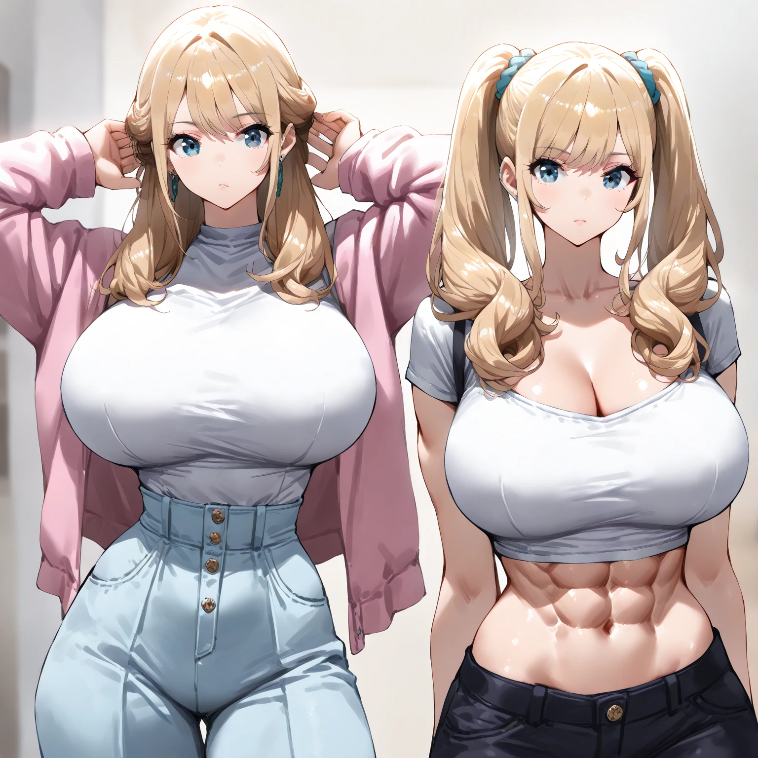 (masterpiece:1.2), (highest quality:1.2),, Curvy but slender body, Perfect Eyes, Perfect Face, Perfect lighting, 2 girls, ，At the gym，（I can see your feet），（light blue tank top），（whole bodyのショット），（Long Hair），（Cute Smile），Curly Hair, Nipples become erect, Detailed indoor background, Compensate, eye shadow, Thick eyelashes, Fantasy, Watching the audience, whole body、Bright and beautiful face、Young shiny glossy white glossy skin、The ultimate beauty、The most beautiful light blonde hair in the world、Thin Hair、ponytail、Shiny beautiful bangs、Big, bright blue eyes、Very beautiful and lovely 18 year old, The most beautiful girl in the world、Medium chest