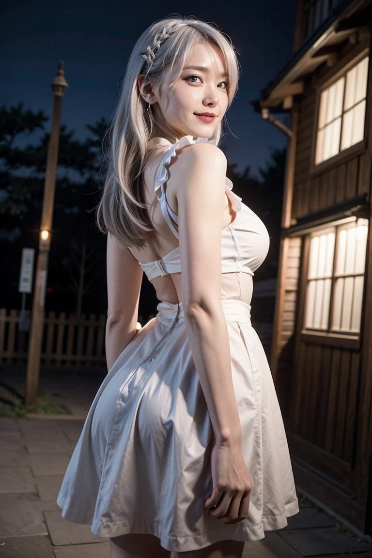 ((Bare shoulders)), ((Full breasts)), ((The skirt is short)), ((Sexy legs)), ((knee shot)), ((Standing, Elegant posture)), 1girl,独奏, 1girl, Cute Girl, Beauty, Practical, Fashion Girl, Red lips, Mature women, Exquisite makeup, big eyes, beautiful, (best quality, masterpiece:1.2), Extremely detailed, (Practical:1.37), ((Random Scenes, Random shooting angle)), ((Sexy long legs)), Young and energetic, Charming model, (Exquisite eyes, Delicate lips), Show a bright smile, Create stunning girl images, warm color, Extremely saturated colors, Official Art, Extremely detailed的 CG, Unity 8K wallpaper, (High Dynamic Range :1.4), (Movie atmosphere),(Soft colors), (Natural skin texture, ultra-Practical, Soft Light, sharp),(Very detailed), night, moonlight