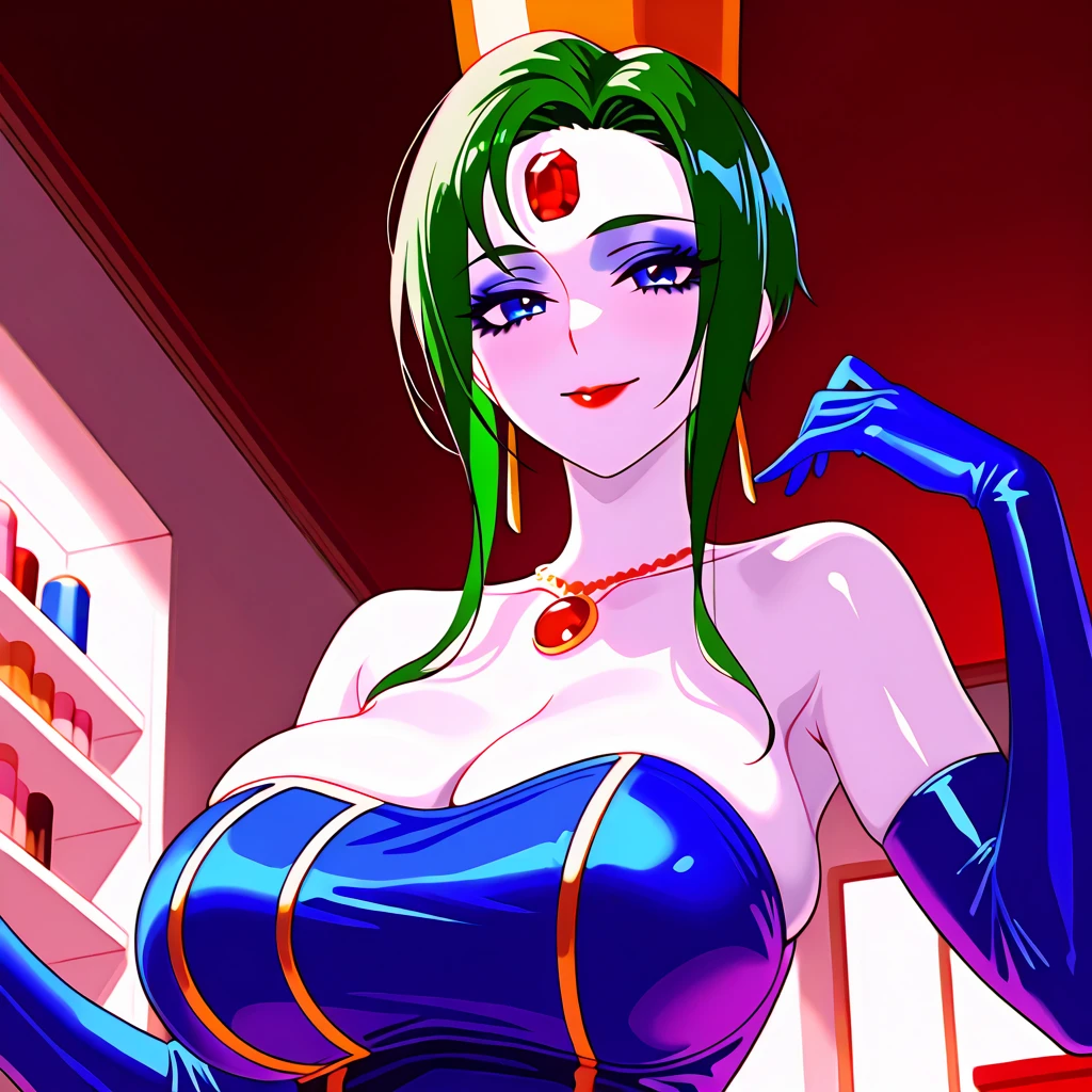 (masterpiece,best quality,ultra-delicate,Perfect Face,16k,high resolution,very beautiful woman), Atsugessho:1.3,deep green hair,blue latex bodycon dress, long latex gloves, green tights, (huge breasts), gold headpiece, pale blue skin, red gem on forehead, pink mist, ((cosmetics counter)), holding large red ball on rope, necklace, smirk, (extremely glossy)