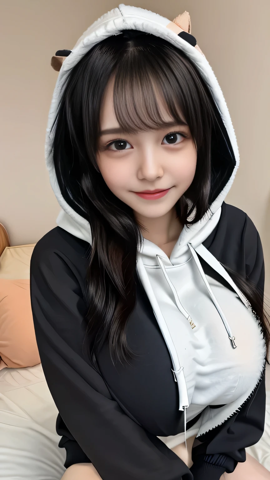 face up、masterpiece、4k、(Cute Smile 1 .6)black hair、18 year old woman、loose and fluffy hair、bangs this morning、Big Breasts、hoodie with logo、Wear a hood、bed