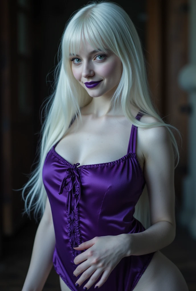 1 girl, solo female, (perfect) ((witch goddess)), intricate makeup, beautiful hair, perfect body, toned stomach, unreal engine:1.4, UHD, Best quality:1.4, photorealistic:1.4, skin texture:1.4, masterpiece:1.8, (Long white hair:1.4), ({perfect eyes)), (detailed eyes), vibrant lips, pale skin, (purple, black), (dress), ((halloween themed witch bedroom)), sensual, radiant,