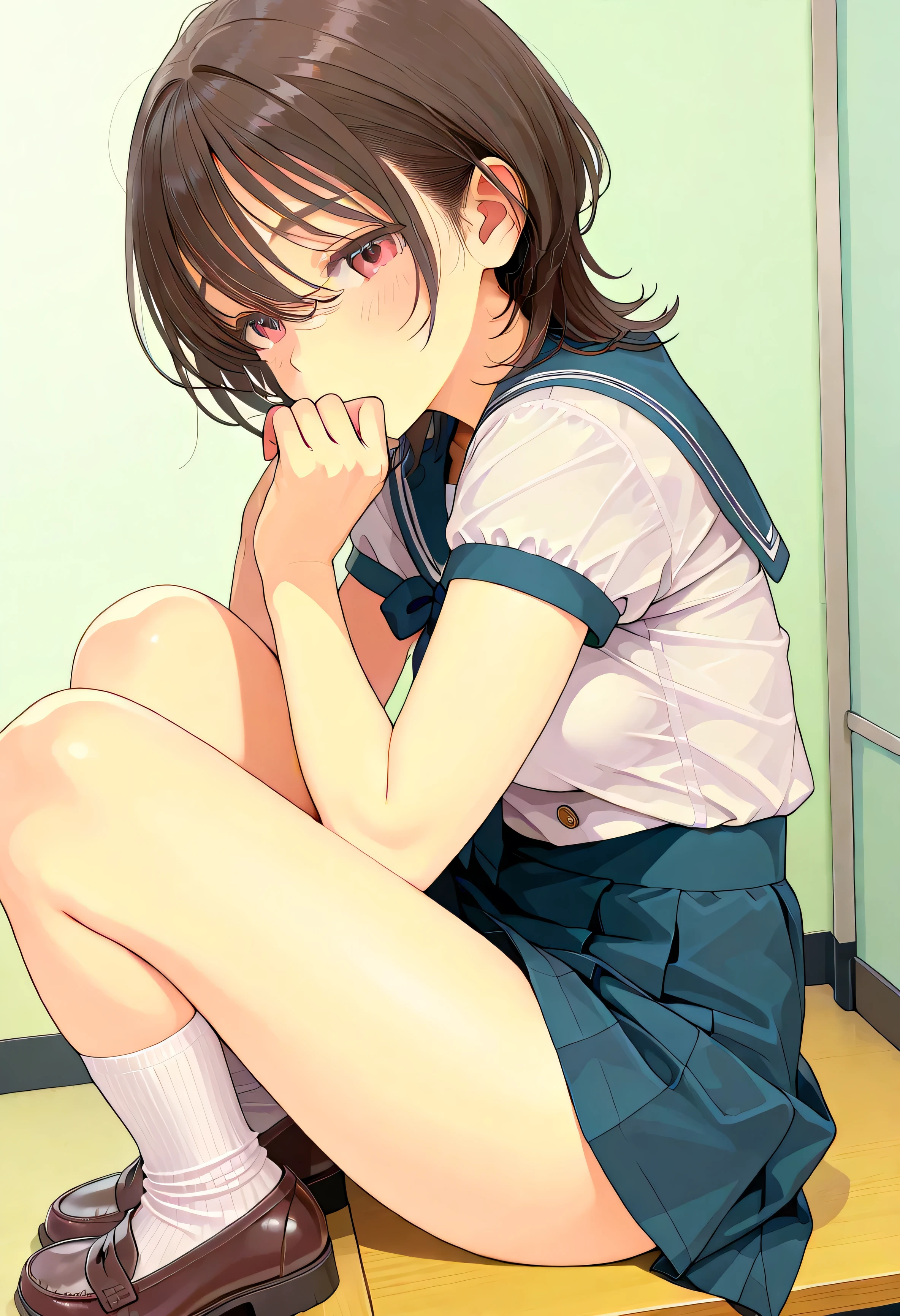 (Ultra Detailed、Masterpiece、Best Quality、high resolution:1.8)、high image quality、Best Quality、High definition picture quality 、one girl、summer、Outdoors、(Out立っている smile、open your mouth, laughs:1.2)、(curvy body:1.2)、black hair mixed with blond、short hair(neckline、Long pile )、unbelievably big huge breasts、sweats、 from yubi、black bra、Black Panties、blue-toned sailor suit(Short sleeve、Can you see through bras due to sweat、 skirt long)、white high socks、 coin loafers 、pose