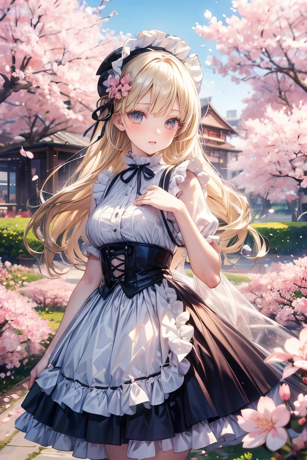 masterpiece,Best Quality,very detailed,photorealistic,realistic, Ultra High Resolution, Masterpiece,pretty girl,elegant,Age 15,long blonde,skinny,Completely,slender,so cute, Gothic ta Dress , frill,cherry blossoms in full bloom,Cherry blossom trees,Cherry Blossom Viewing,garden, correct handshake,Active Poses,Outdoors