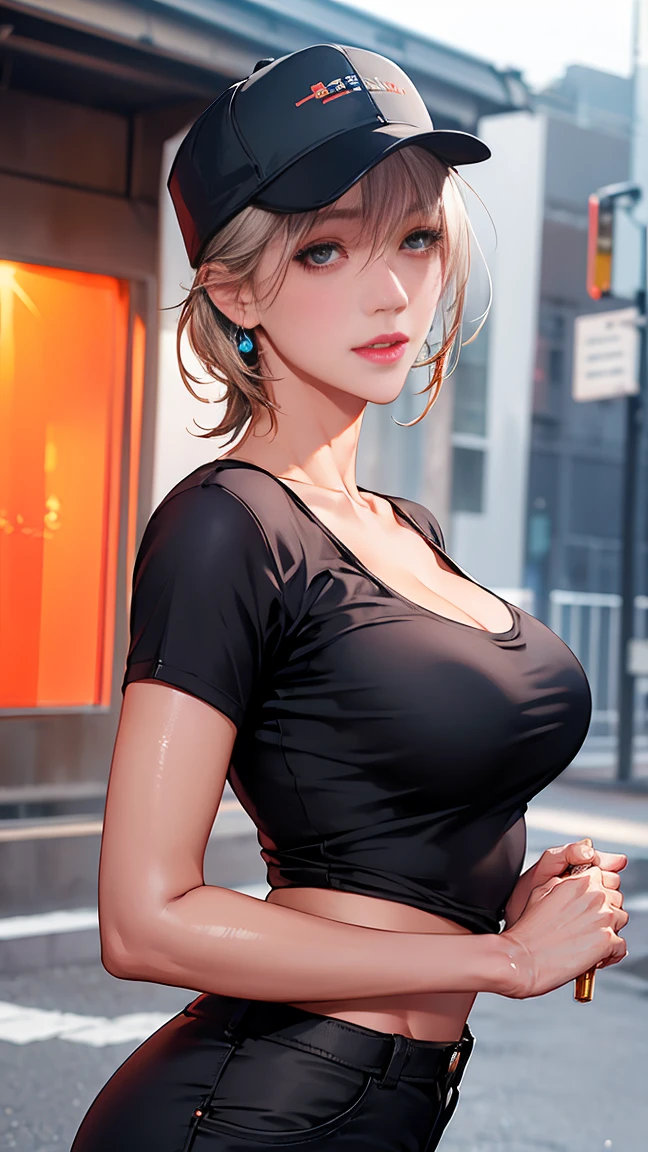 （（（完美shape，shape，alone， （（（Black camisole、Pleated skirt、Earrings、Pearl Necklace））），（（（AND18, Android 18, Blonde, blue eyes, short hair, ））），((masterpiece)),High resolution, ((Best quality at best))，masterpiece，quality，Best quality，（（（ Exquisite facial features，Looking at the audience,There is light in the eyes，(（（anger，Severe））)，））），型shape:1.7））），（（（Light and shadow，Huge breasts））），（（（Looking into the camera，Black background，）））、((Sweat))