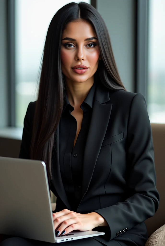 A stunningly beautiful brown-haired girl, with long, luscious locks cascading down her shoulders, is intently focused on her laptop while sitting in a sleek office setting. The girl's outfit comprises a fitted, sexy blouse and a pair of tailored pants that accentuate her figure. The blouse reveals a glimpse of her bare shoulders, adding an alluring touch to her business attire. Her deep brown eyes are fixed on the laptop screen, expressing a determined and focused expression. Accessorized with elegant jewelry, the girl exudes confidence and charm as she works in her office, flirting with the camera ever so slightly with a majority realistic and highly detailed depiction.
