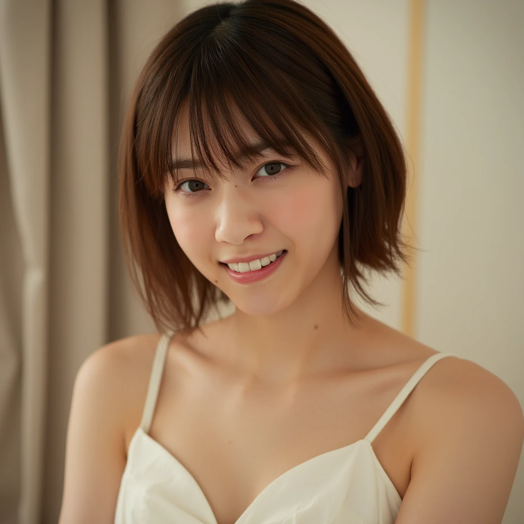 An arafe woman wearing a white shirt sitting on the bed holding a lamp, with short hair, Cute girl - well-groomed face, japanese model, soft portrait shot 8k, Soft light for medium portraits, beautiful japanese girl face, young cute asian man face, portrait soft lowlight, Digital SLR camera 50mm portrait photography, Yoshitomo Nara