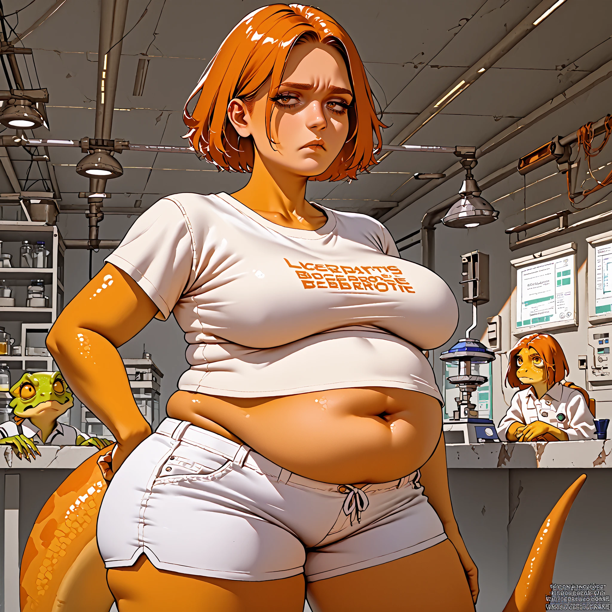score_9, score_8_up, score_7_up, slightly chubby belly, orange female newt alien (orange alien), student in laboratory, low maintenance short blond hair. Tall, slim thicc, long lims, lanky (bored standing up in the laboratory) (bored personality) (wearing a white jump suit, no sleeves, white shorts )  ((she has a orange lizard tail))

She is in her laboratory in her space craft, working on a new teleport device. (Bored in class) ((modest breasts))



 
