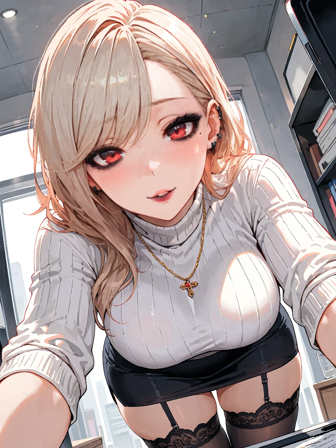 Sparkly pink eyes、Blonde and shiny hair、Beautiful skins、One fine day、student clothes、red blush、Hot、Shoulders bare、selfee、View from above、