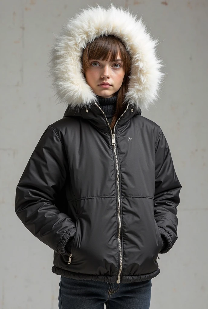 show me a 21 year old girl, blonde hair, wearing tight pants and a colorful snow jacket on a snowy peak, gold jewelry, her face looks like a mix between angelina jolie and scarlett johanssen, big playful smile, view is from the side