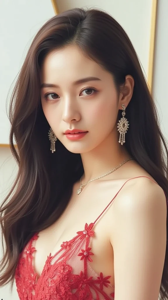 8k, Ultra-high resolution, highest quality, masterpiece, Surreal, photograph, 1 girl, (16 years old:1.3), pretty girl, Cute Face, Beautiful eyes in every detail, 細かくdetailedに,masterpiece,A woman in a red dress and gold jewelry is looking to the side,Sexy pose、See through 、Looking at the audience、beauty,Long neck、Laugh a little、Please close your mouth and laugh、(((Ideal body type))),A-cup small breasts :2,、Portraiture:2、Perfect Anatomy、鮮明なdetailed、detailed、Surreal、Light and shadow,Strong light,Fashion magazine cover,Thin lips