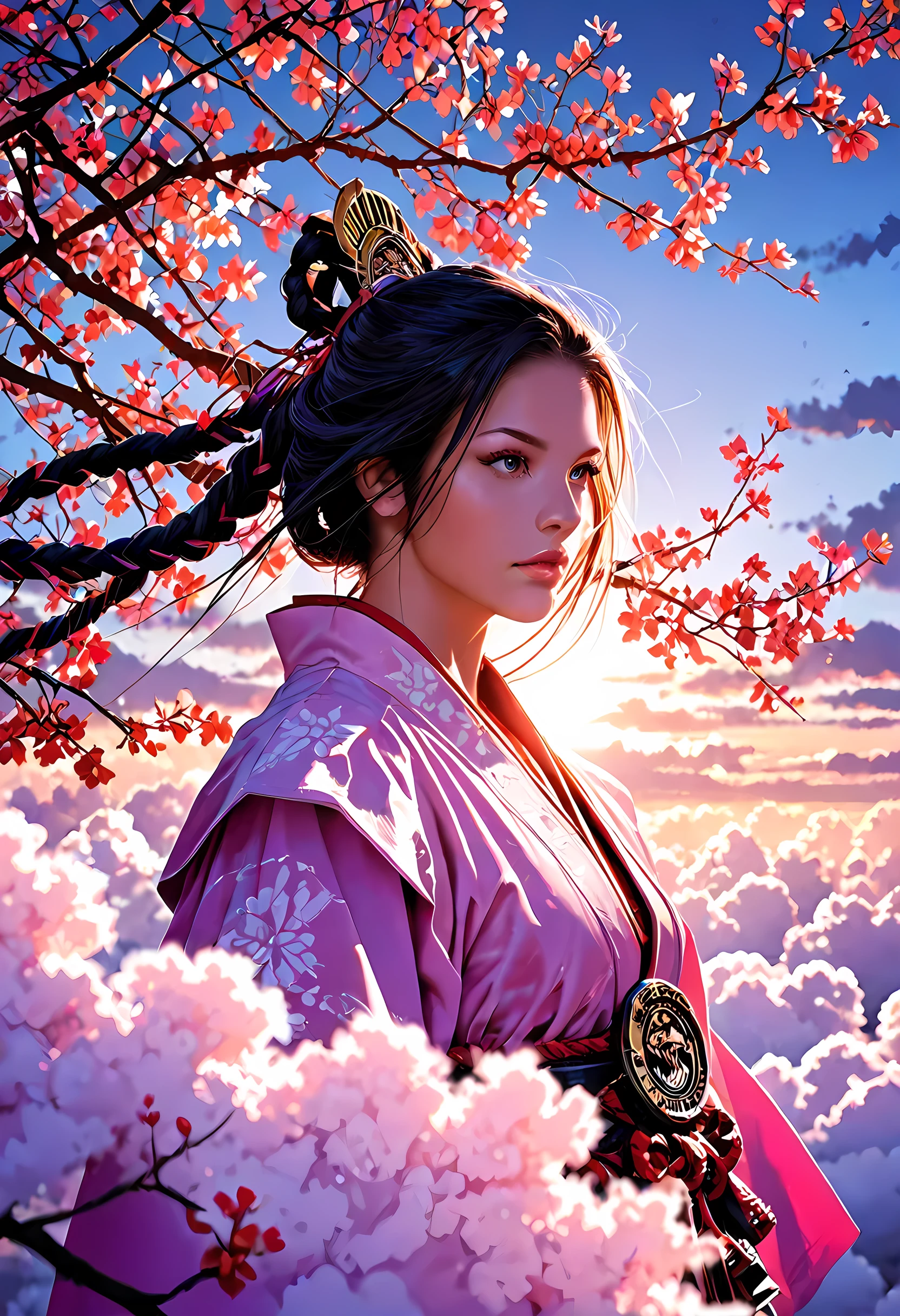 a woman samurai under the cherry tree at sunset, beautiful woman samurai, ultra feminine, long hair, braided hair, dynamic hair color, an epic cherry tree, many branches, colorful, the sun rays come between the leaves and branches, light reflection, it is sunset, some clouds, award winning, photorealism, depth of field, hyper realistic, Cinematic Shot, fantasy