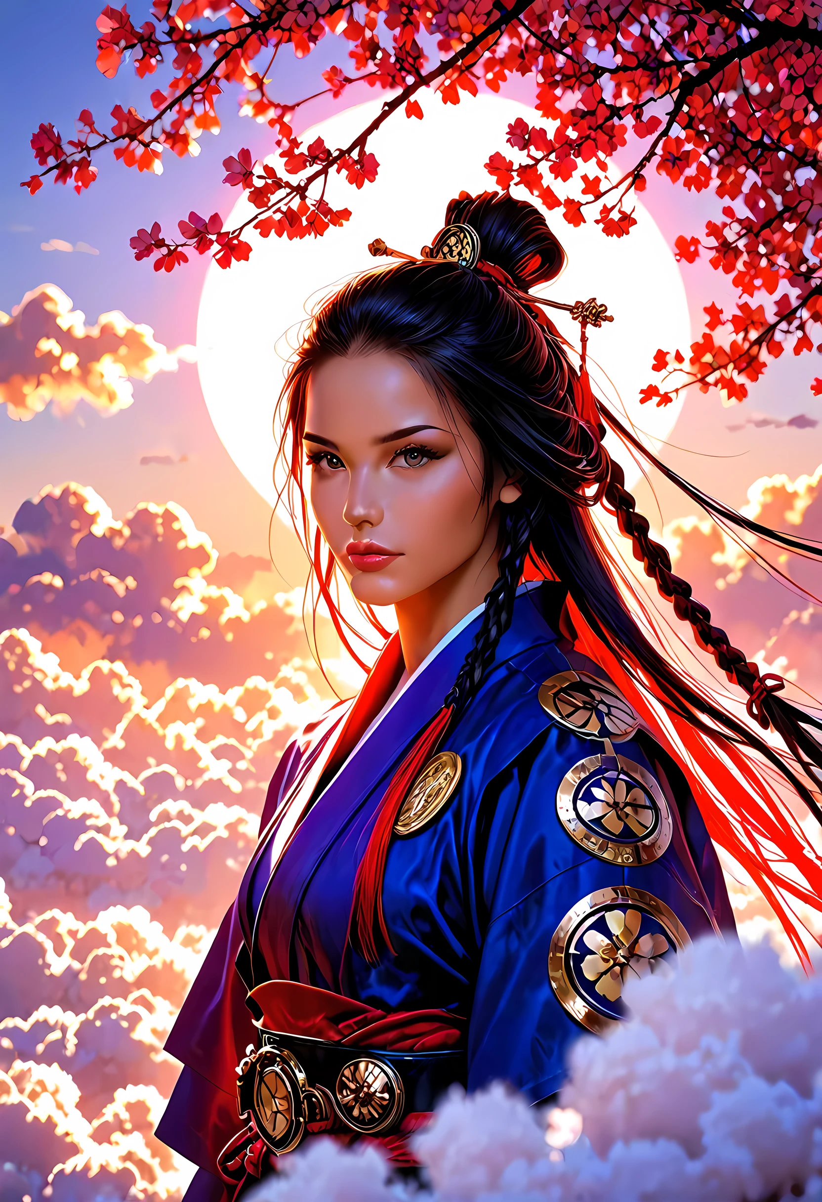 a woman samurai under the cherry tree at sunset, beautiful woman samurai, ultra feminine, long hair, braided hair, dynamic hair color, an epic cherry tree, many branches, colorful, the sun rays come between the leaves and branches, light reflection, it is sunset, some clouds, award winning, photorealism, depth of field, hyper realistic, Cinematic Shot, fantasy