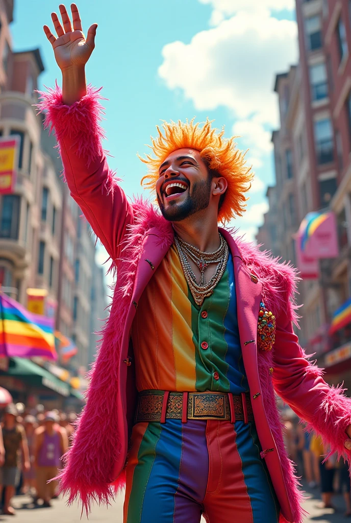 drawing a transvestite running in an lgbt parade a bunch of people behind talking "get out of here you faggot"