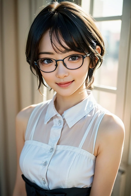 (Highest quality,masterpiece:1.3,Ultra-high resolution),(Very detailed,Caustics,8k),(Realistic:1.4,RAW shooting),A girl dressed as a butler,Japanese,boyish,smile,20-year-old,Short black hair,Glasses,Looking into the camera,Inside the Western-style building,Waist up shot,front,Face Focus,Face close-up,(Warm Light),Professional Writing