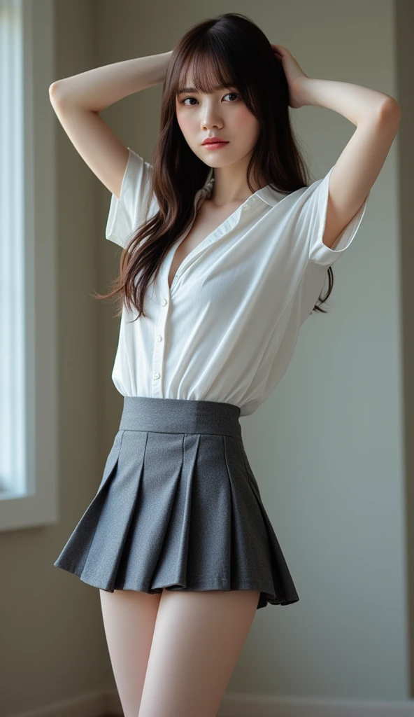 8k, RAW photos, top quality, masterpiece: 1.2), ultra detailed, super resolution, (real, real photos: 1.37), portraits, high-definition RAW color photos, professional photos, very detailed and beautiful, very detailed, 8k wallpapers, amazing details, huge file size, official art, highly detailed CG Unity 8k wallpapers, highly detailed beautiful girls, highly detailed faces, Highly detailed eyes, very detailed skin, highly detailed fingers, very detailed nose, highly detailed detailed mouth, perfect anatomy, highly detailed background, very detailed clothing, one girl, cute girl, famous Japan idol, cute, realistic body, petite, white skin, radiant skin, slim body, (blunt bangs: 1.2), smile, cute, youthful, cute face, realistic face, delicate eyes, sagging eyes, camera gaze, contrappost, high street, public, crowd, dynamic lighting, very large breasts, high school, classroom, teacher, medium brown shorthair, ((view (viewer: 1.1)), smile, (window), blackboard, rows of desks, piano, chairs, ((Japan school music room))), suit, gray skirt, (simple white blouse), half updo, from below, side light, (((lift skirt ))), (((show panty))), (pink panty), standing, (((lower body))), (((spread legs)))