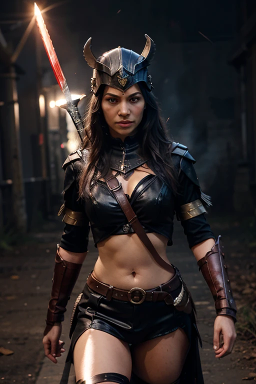A black-haired girl wears viking helmet wields the Heavy Thrusting Swords from within the Elden Ring in a reverse grip.