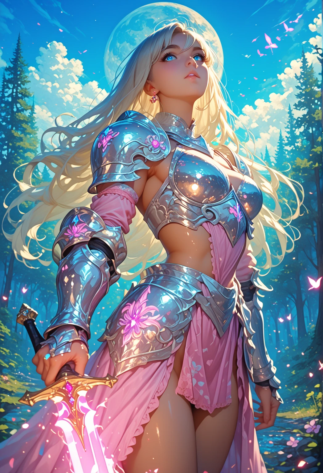Elven paladin, fantasy, plate gauntlets, plate greaves, butt cape, blonde hair, smiling, zweihander, action pose, white metal bikini armor, pasties, busty, plate boots, delicate, soft features, beautiful detailed face, shiny skin, elegant, beautiful, messy bun, thick thighs, large ass, huge breasts:1.3, upper body, thick, skindentation, full lips, black eyeliner, mascara, pink blush, elegant makeup, divine warrior, Holy knight, blue and white accent streaks, rose petals