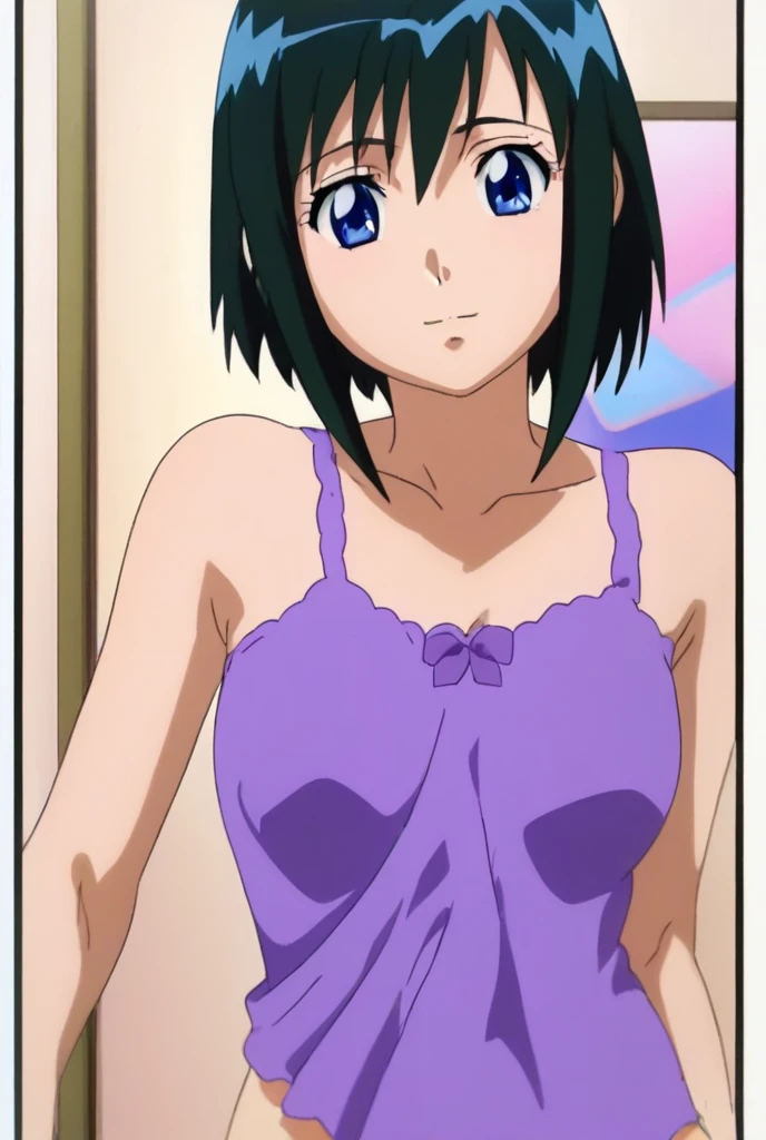 KatagiriAyako, 1girl, solo,blue hair, bow, blue eyes, purple hair, 1990s (style), retro artstyle, short hair, open mouth,masterpiece, expensive quality, very_expensive_solve, big_file size, full color,(completely nude:1.2),pussy,niplles,