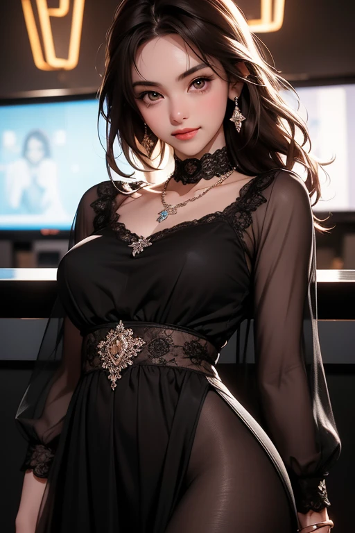 非常にdetailed, Complete Solution, 非常にdetailedな美しい女の子, 非常にdetailed face, (Very beautiful eyes:1.8), The nose shape is correct., expressive lips, (Movie Scenes,Fantasy art,最high quality,high quality,High resolution,high qualityの質感,Attention to detail,Beautiful details,detailed,非常にdetailedなCG,detailedテクスチャー,Realistic facial expressions,Tabletop,in front,dynamic,bold),1 girl,非常にdetailedな肌,curve,(Covered nipples:0.8),Beautiful breasts,Small breasts,Pale skin,Pointed Chest,Erect nipples,(Very thin hair),(Very soft hair),(Super straight medium hair),Very light coppery amber hair,Very thin body,Smart Abs,(グレーのSee throughロングスカート:1.5), Open chest, Center of chest, Shiny , ((See through、black silk lace blouse :1.3)) 、((Full Body Shot)), (Camera angle from the ground)