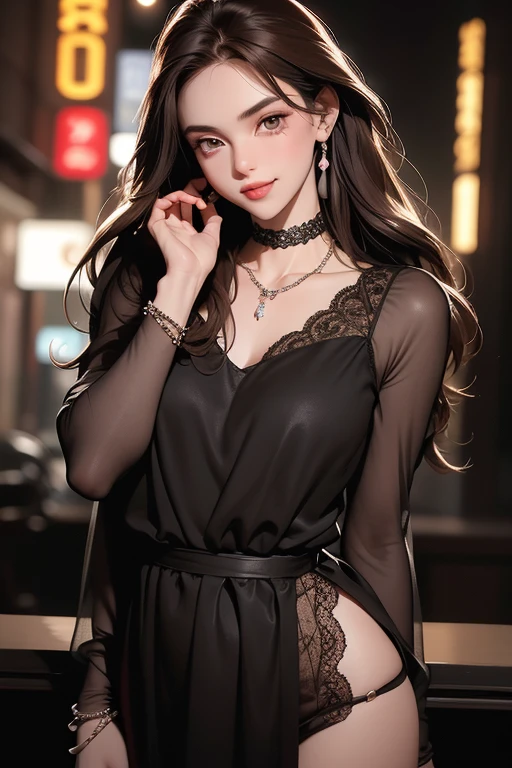 Girl with long straight black hair and brown eyes, beautiful, thin, flat, tall, wearing a businessman's uniform, (black sheer blouse, black sheer slit skirt, white underwear)