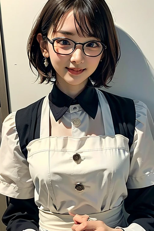 (Japanese Cafe、Maid café clerk、A girl dressed as a maid、A 17-year-old girl is standing)、(Realistic、Like a photograph、Live Action、8k, Realistic, RAW Photos, Best image quality: 1.4), Single-lens reflex camera、RAW Photos, Highest quality, Realistic, Highly detailed CG Unity 8k wallpaper, Written boundary depth, Cinematic Light, Lens flare, Ray Tracing, Realistic background、(Wearing maid uniform:1.2、Mini skirt maid outfit:1.4、Wear clothes that accentuate your bust size:1.3、Apron over skirt:1.5、Over the knee socks:1.2、Thin thighs)、Big Breasts、(Carrying coffee)、(short hair、Wear glasses)、Working in a cafe:1.4、((ultra high density skin))、 1 female,Cute Japanese Girl、Waitress at work、(whole body:1.5),Looking at the audience:1.1、Business Smile、Pay attention to the details、Perfect outfit、Earrings、(White skin)、Accurate Arm、Accurate legs、Anatomically correct body、Accurate fingering、(View from below)