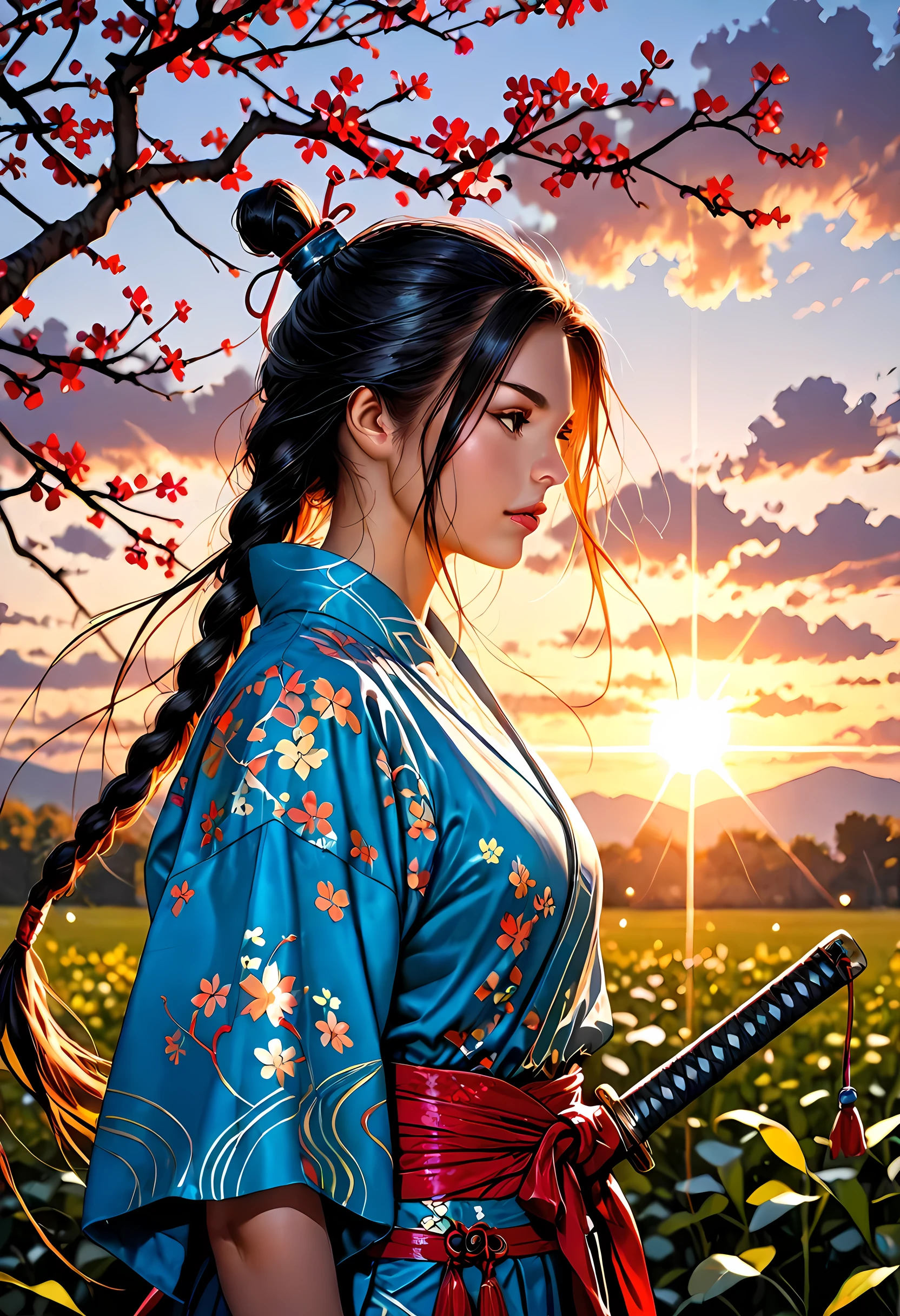 a woman samurai under the cherry tree at sunset, beautiful woman samurai, she holds an epic katana blade, the blade reflects light, ultra feminine, long hair, braided hair, dynamic hair color, an epic cherry tree, many branches, colorful, the sun rays come between the leaves and branches, light reflection, it is sunset, some clouds, award winning, photorealism, depth of field, hyper realistic, Cinematic Shot, fantasy