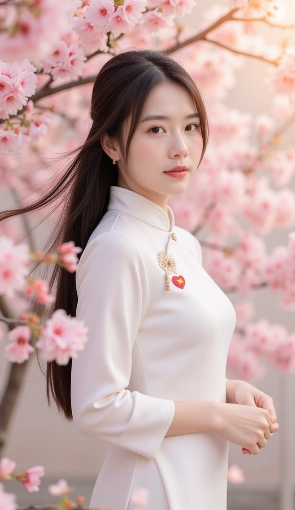 A beautiful Vietnamese girl wearing a traditional white áo dài with a Vietnamese flag emblem on her . She stands gracefully in a gentle breeze as pink cherry blossoms drift around her. The background features a soft, dreamy atmosphere with warm sunlight filtering through the petals. Her long, flowing hair moves slightly with the wind, and she has a serene, elegant expression. The overall tone is peaceful and poetic, capturing the harmony between tradition and nature