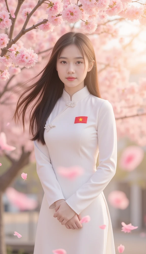A beautiful Vietnamese girl wearing a traditional white áo dài with a Vietnamese flag emblem on her . She stands gracefully in a gentle breeze as pink cherry blossoms drift around her. The background features a soft, dreamy atmosphere with warm sunlight filtering through the petals. Her long, flowing hair moves slightly with the wind, and she has a serene, elegant expression. The overall tone is peaceful and poetic, capturing the harmony between tradition and nature