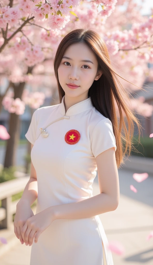 A beautiful Vietnamese girl wearing a traditional white áo dài with a Vietnamese flag emblem on her . She stands gracefully in a gentle breeze as pink cherry blossoms drift around her. The background features a soft, dreamy atmosphere with warm sunlight filtering through the petals. Her long, flowing hair moves slightly with the wind, and she has a serene, elegant expression. The overall tone is peaceful and poetic, capturing the harmony between tradition and nature