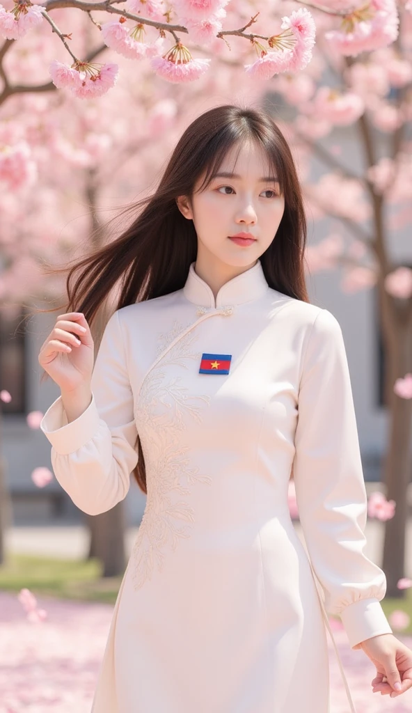 A beautiful Vietnamese girl wearing a traditional white áo dài with a Vietnamese flag emblem on her . She stands gracefully in a gentle breeze as pink cherry blossoms drift around her. The background features a soft, dreamy atmosphere with warm sunlight filtering through the petals. Her long, flowing hair moves slightly with the wind, and she has a serene, elegant expression. The overall tone is peaceful and poetic, capturing the harmony between tradition and nature