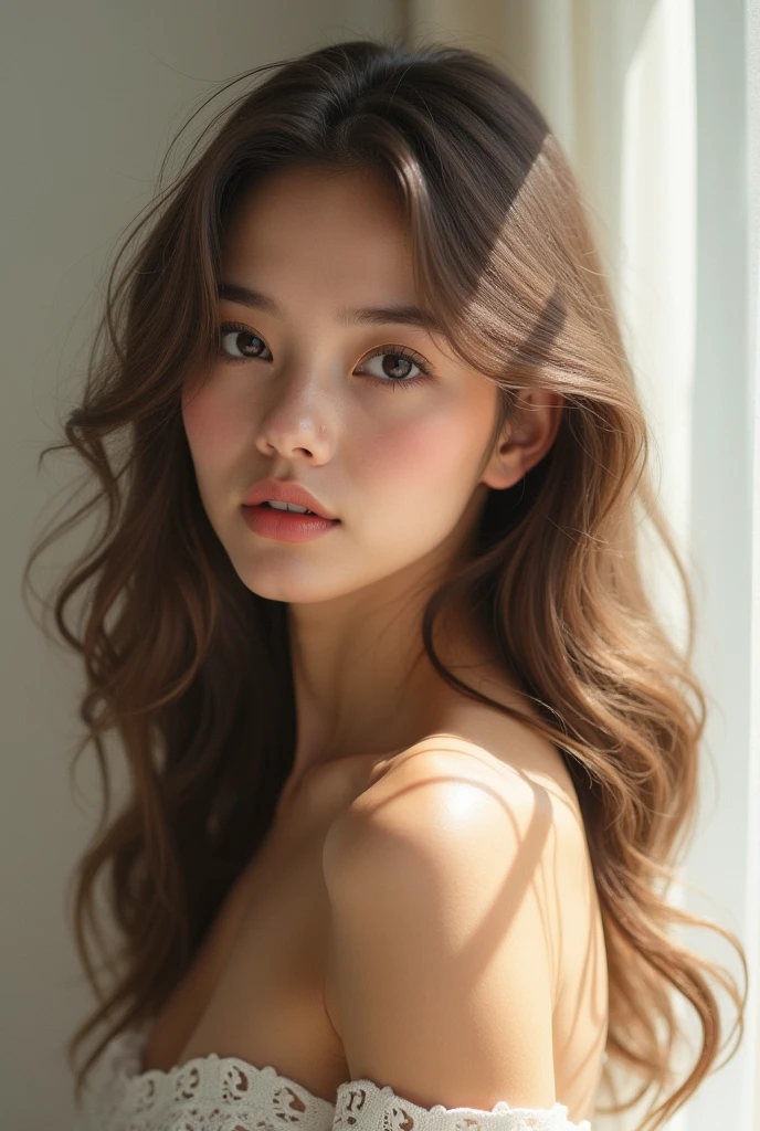 young girl, Glossy skin、professional lighting、one person、28 years old、(she has unparalleled beauty、Very cute idol face:1.3), sfw:1.5、 (RAW photo, masterpiece, sfw:1.5), (sharp focus:1.3), (realistic, super detailed:1.4), (upper body up:1.1), (cute, Japanese idols of unparalleled beauty, beautiful face, natural makeup:1.3), (be familiar with), perfect face, plump body、、Light reflected in the eyes