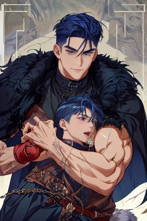 Dos personajes hombres, peleando con espadas.
Un hombre tiene el pelo largo 